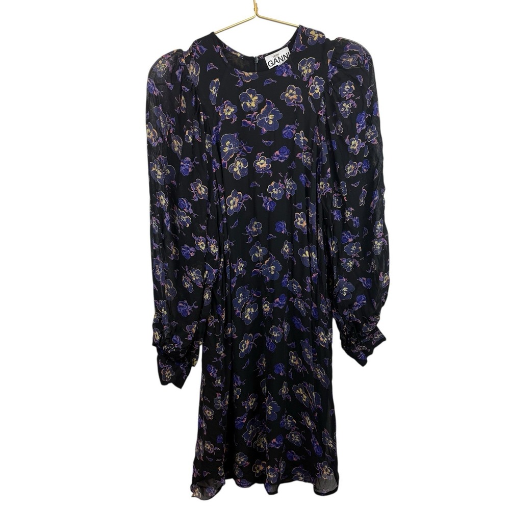 GANNI‎ Floral Purple Black Whimsgoth Floral Balloon Sleeve Midi Dress Sz 34 XS